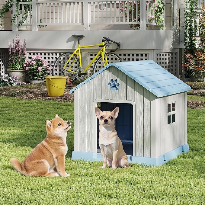 Bifanuo Dog House for Outdoor & Indoor Use with Window, Waterproof Ventilated Kennel with Elevated Floor, Easy to Clean Shelter for Small Medium Dogs (Blue, 29.9" L x 32.3" W x 32.5" H)