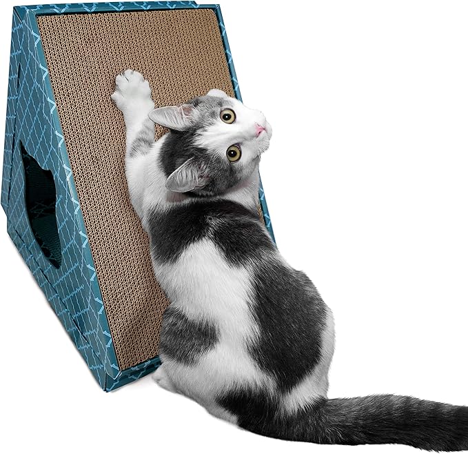 Furhaven Cardboard Hideout w/ Catnip for Indoor Cats, Ft. Scratching Pads - Tiger Tent Corrugated Cat Scratcher Hideout - Teal, One Size