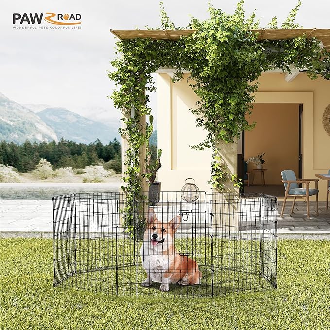 PAWZ Road Dog Playpen Foldable Metal Dog Fence with Door, Outdoor for Yard and Indoor Use Portable Design for RV and Camping- 8 Panels (24" Wide Each), 30 inch Height for Small Dogs Puppy Large Dogs