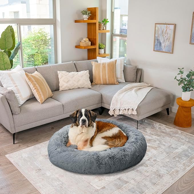 Best Friends by Sheri The Original Calming Donut Dog Bed for Extra-Large Dogs up to 150 lbs, Shag Faux Fur, Gray, 45" x 45"