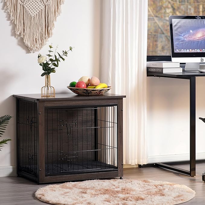 DWANTON Dog Crate Furniture with Cushion, Wooden Kennel Table with Double Doors, Indoor Dog House, Small/Medium/Large/Extra Large Size, 27.2" L, Dark Gray