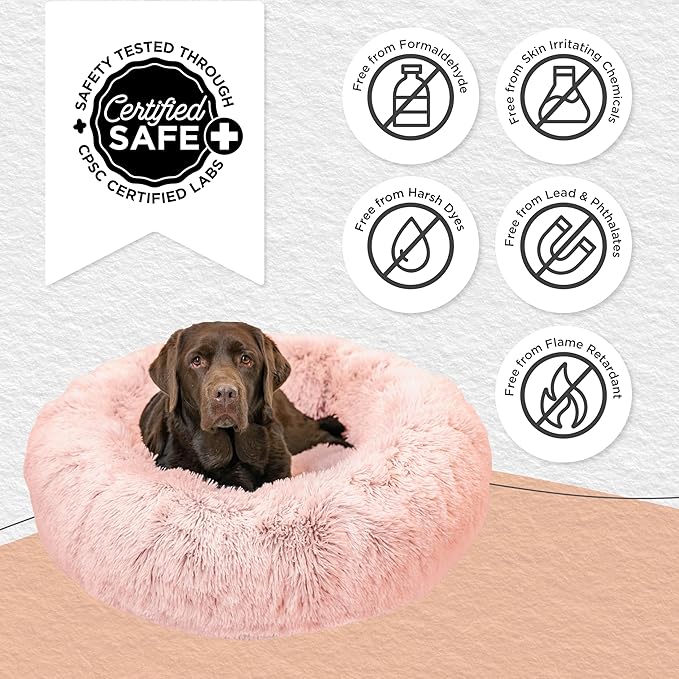 Best Friends by Sheri The Original Calming Donut Dog Bed for Large Dogs up to 100 lbs, Shag Faux Fur, Cotton Candy Pink, 36" x 36"