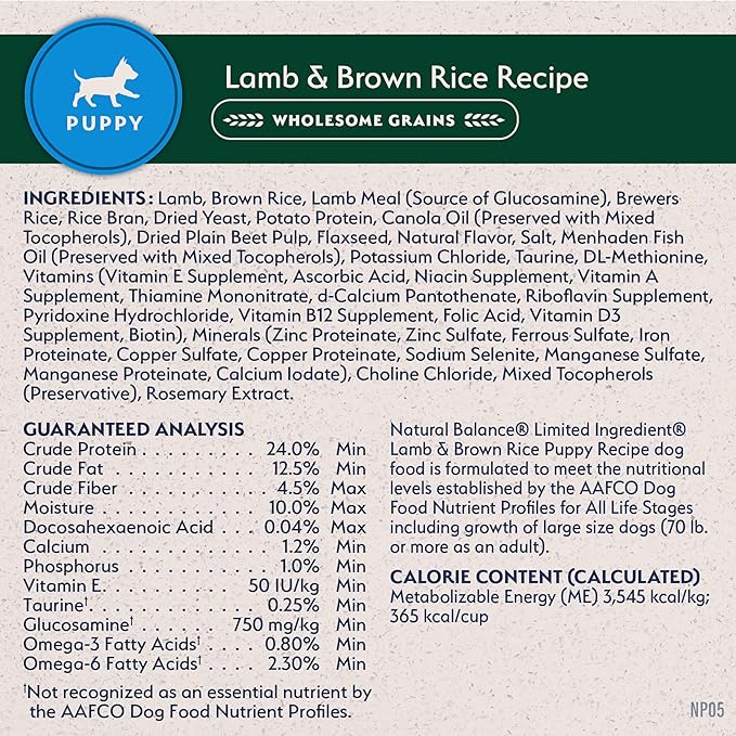 Natural Balance Limited Ingredient Puppy Dry Dog Food with Healthy Grains, Lamb & Brown Rice Recipe, 4 Pound (Pack of 1)