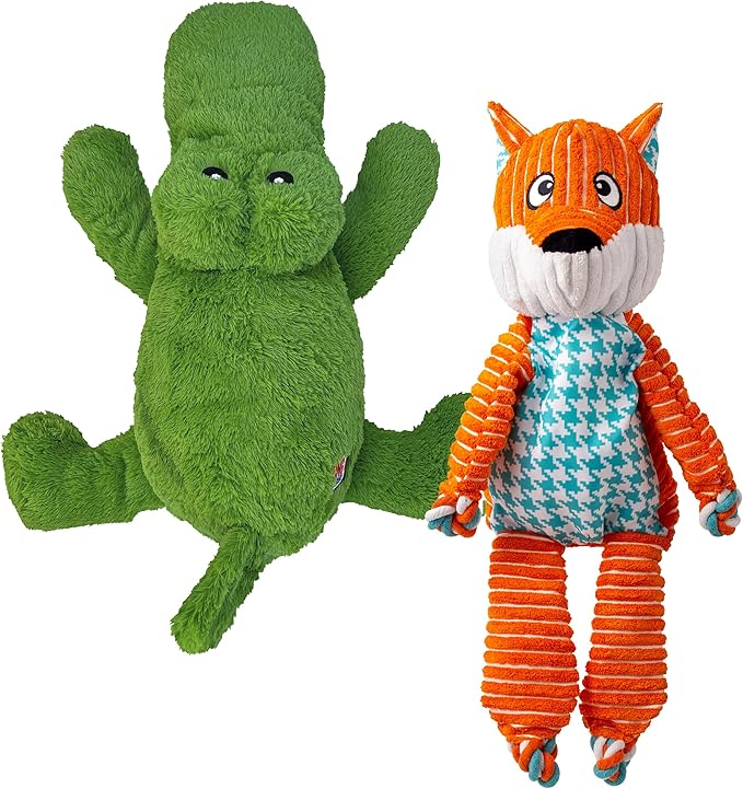 KONG XL 2 Pack - Soft Plush Dog Toy for Large Breeds - Durable, Cuddly & Squeaky - Perfect for Play & Comfort (Alligator/Fox)
