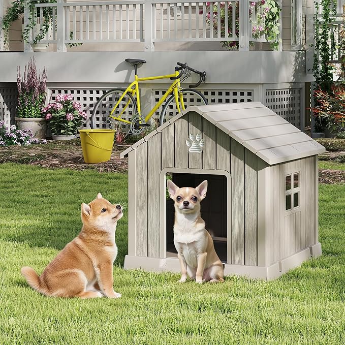 Bifanuo Dog House for Outdoor & Indoor Use with Window, Waterproof Ventilated Kennel with Elevated Floor, Easy to Clean Shelter for Small Medium Dogs (Grey, 29.9" L x 32.3" W x 32.5" H)
