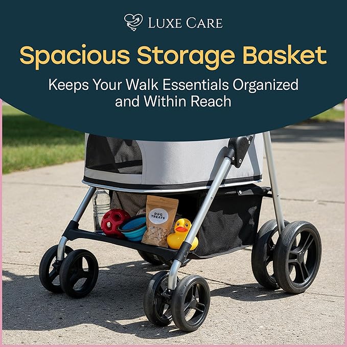 4 Wheel Foldable Pet Stroller - Lightweight Dogs and Cats Stroller Upto 50lbs with Mesh Canopy, Storage Basket and Cup Holder, Durable for Walks and Outings (Medium)