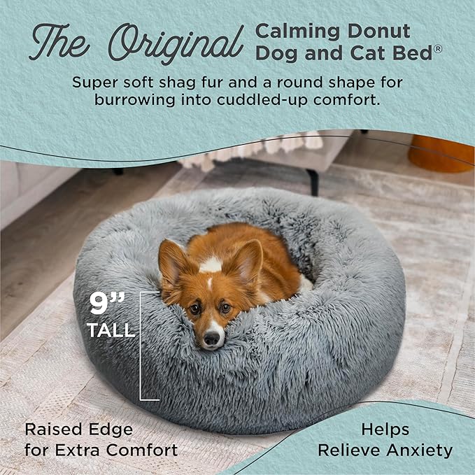 Best Friends by Sheri The Original Calming Donut Dog Bed for Medium Dogs up to 45 lbs, Shag Faux Fur, Gray, Medium, 30" x 30"