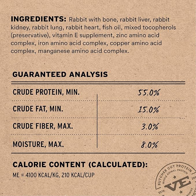 Vital Essentials Freeze Dried Cat Food, Raw Rabbit Crunchy Mini Nibs | Complete Meal or Topper | 96% Rabbit, Organs & Bone | Limited Ingredient, High Protein, Grain Free Dry Cat Food | 12 oz Bag