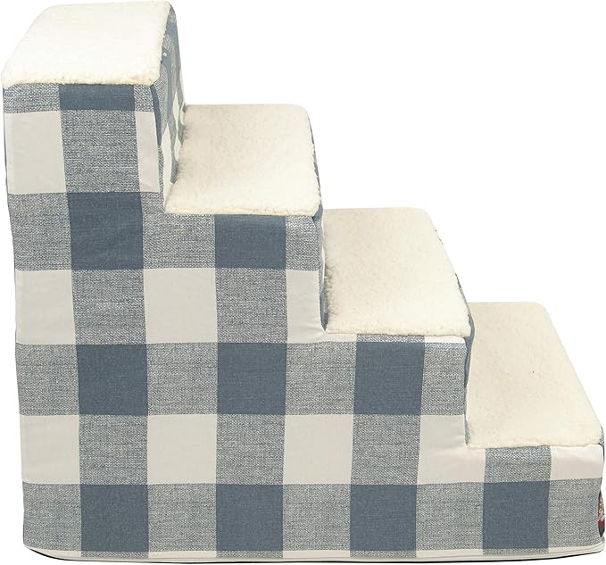 Majestic Pet 4 Step Portable Dog Stairs for Small Dogs to get on Bed Supports 25 lbs or Less – Dog Steps for High Bed with Machine Washable Cover – Pet Stairs for Cats Anderson Check Gunmetal Blue