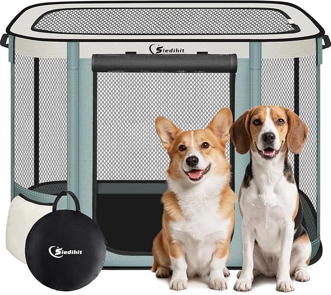 Siedihit Dog Cat Playpen Crate with Washable Pee Pad, Reinforced Durable Dog Cage, Portable Foldable Pet Kennel with Breathable Visibility (Grey, Large)