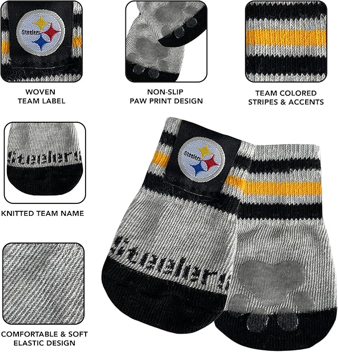 NFL Pittsburgh Steelers Anti Slip Dog Socks with Elastic Ribbed Top, Size Medium/Large. Indoor/Outdoor Socks, Best Dog Paw Protector, 2 Pairs, Cool Puppy Supplies with NFL Logo of Steelers Team