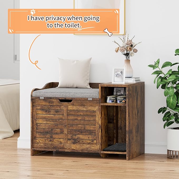 Wooden Cat Litter Box Enclosures with Storage Shelf - Hidden Litter Box Furniture for Cat with Cushion & Mat - Litter Box Cabinet