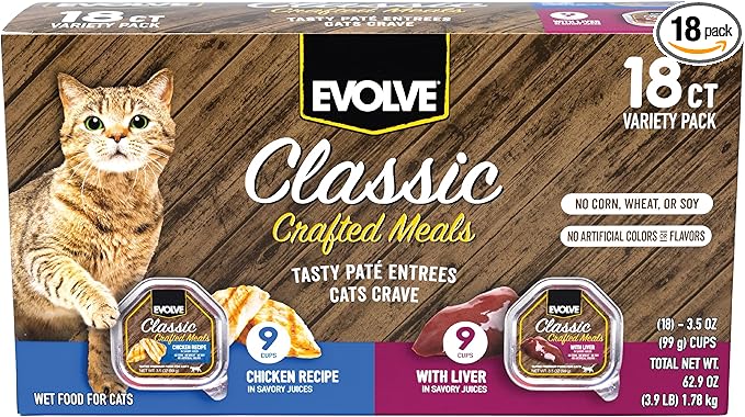 Evolve Classic Crafted Meals Cat Food Variety Pack - Chicken Recipe & Liver Recipe 3oz (Pack of 18)