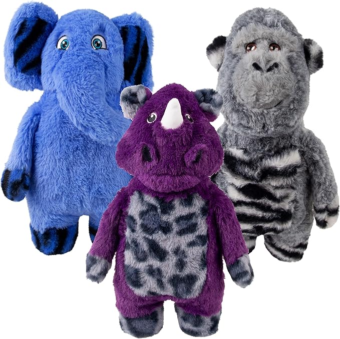 KONG Jungle Jamz Plush Dog Toys – Squeaky, Crinkly, and Rattling Durable Toys for Dogs – Safari Animal Collection (Gorilla/Elephant/Rhino Combo)
