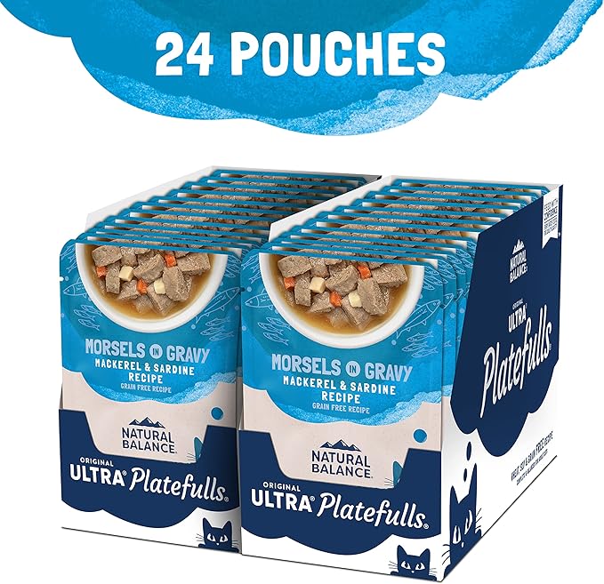 Natural Balance Original Ultra Platefulls Indoor Adult Grain Free Wet Cat Food, Mackerel & Sardine Recipe, 3 Ounce Pouch (Pack of 24)