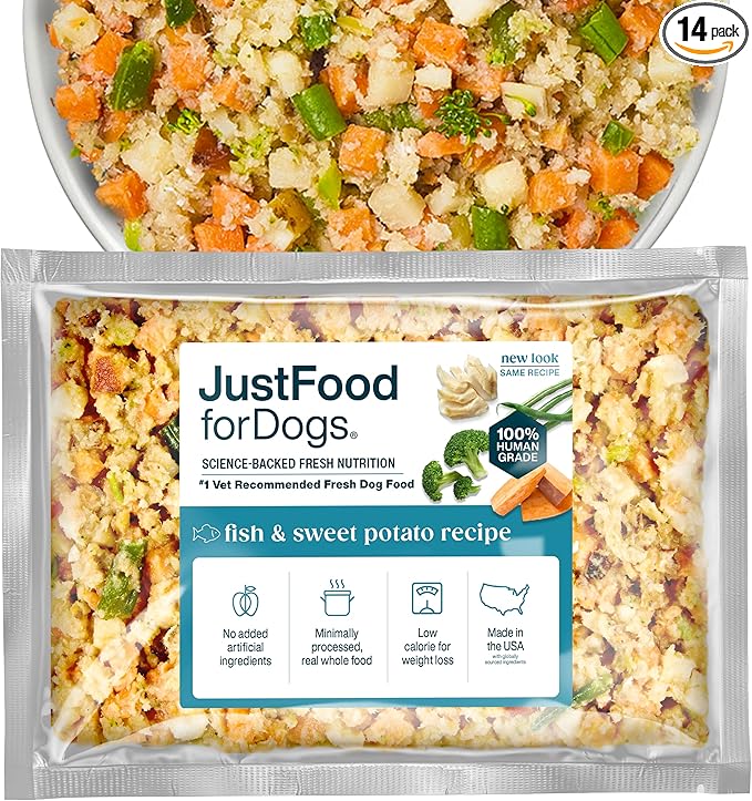 JustFoodForDogs Frozen Fresh Dog Food Toppers and Meals, Human Grade, Balanced Fresh Pet Meal or Topper, No Preservatives, Limited Ingredient Recipe, Fish & Sweet Potato 18 oz - 14 Pack