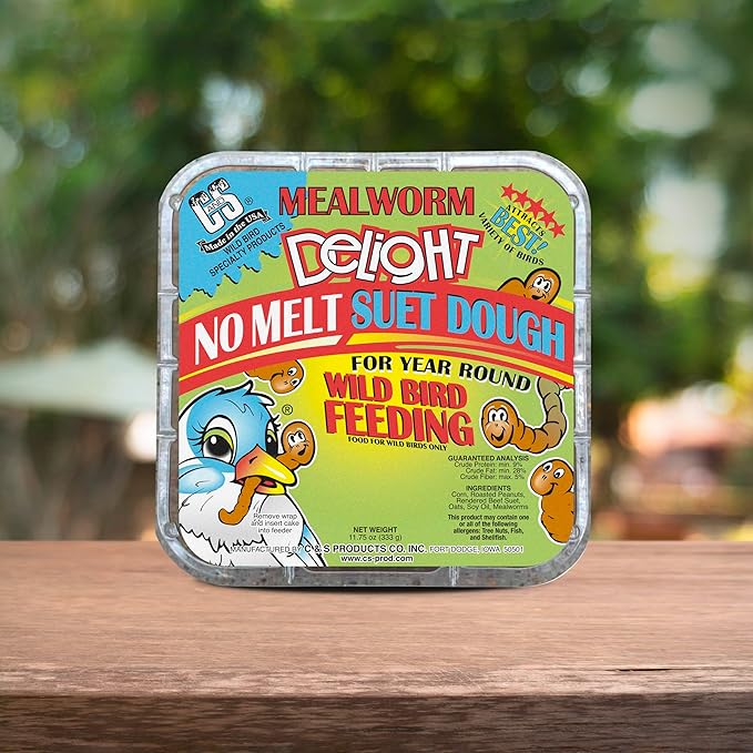 C&S Mealworm Delight No Melt Suet Dough, Suet Cakes for Wild Birds Including Robins, Blue Jays, Woodpeckers, Wrens, Bluebirds and More, 11.75 Ounces, Pack of 8