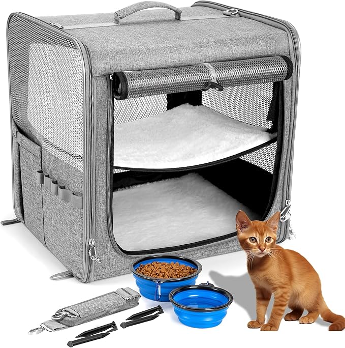 Cat Carrier for 2 Cats, Pet Travel Carrier for Cats and Small Dogs Up to 45 Lbs, Bowls, and Locking Zippers