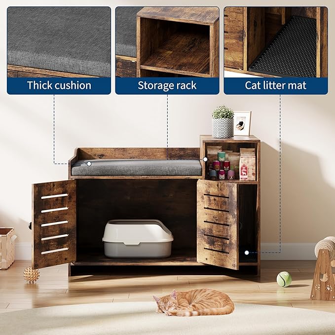 Cat Litter Box Enclosures, Large Hidden Cat Litter Box Furniture with Double Door, Wooden End Table Litter Box Cabinet with Storage Shelf, Cushion & Litter Mat, Dog Proof Design, Modern Cat House