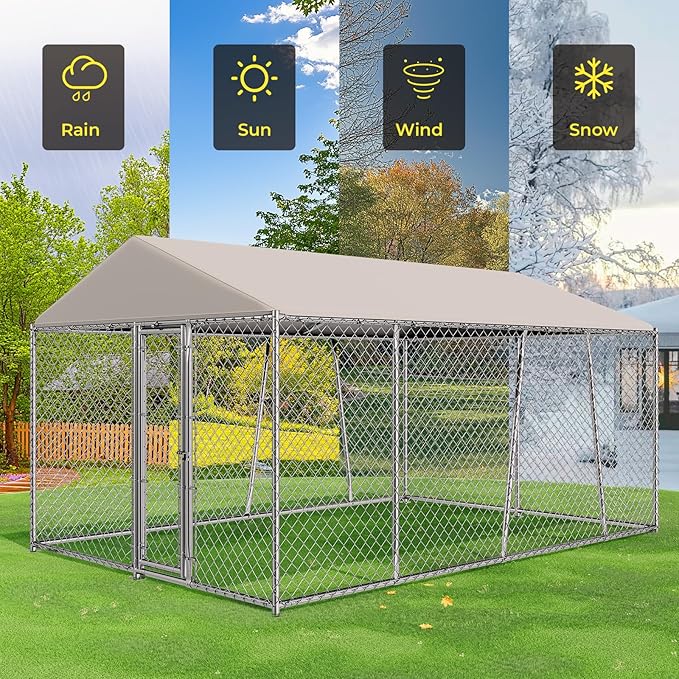 Lyromix 10 x 15FT Large Outdoor Dog Kennel with Roof, Dog Kennel Outside with Waterproof Cover, Galvanized Heavy Duty Chain Link Dog Runs Cage Playpen for Outside with Secure Lock