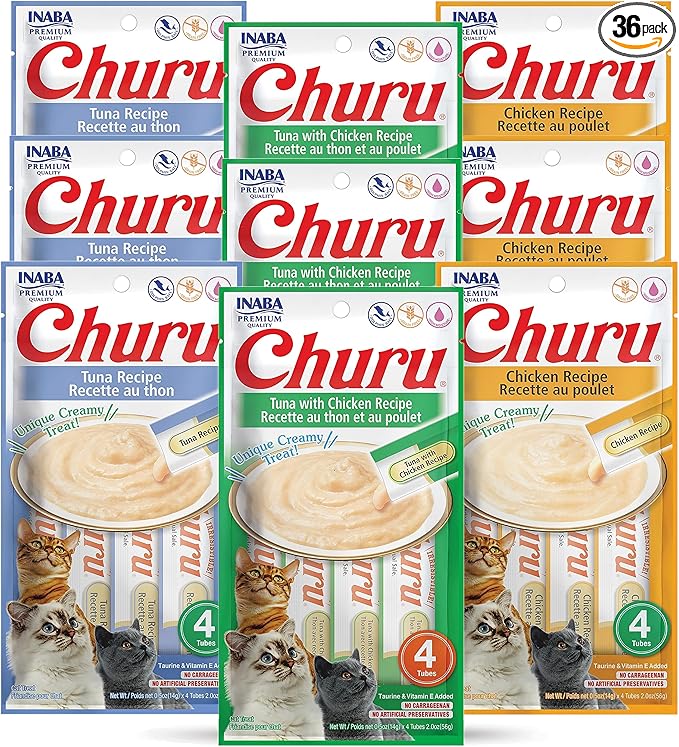INABA Churu Lickable Purée Natural Cat Treats (Tuna and Chicken Variety Pack, 36 Tubes)
