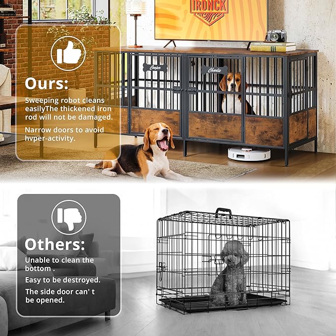 IRONCK 67" Dog Crate Furniture for 1 or 2 Dogs – Heavy Duty Dog Kennel with Adjustable Divider, Double Dog Cage as TV Stand, Rustic Brown