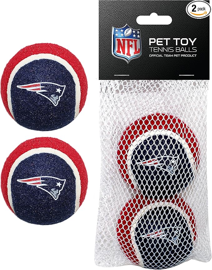 NFL NEW ENGLAND PATRIOTS TENNIS BALLS for DOGS & CATS - 2 piece set with Team Logo in Vibrant Team Color