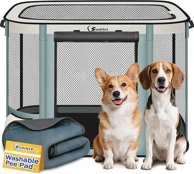 Siedihit Dog Cat Playpen Crate with Washable Pee Pad, Reinforced Durable Dog Cage, Portable Foldable Pet Kennel with Breathable Visibility (Grey with Pad, Large)