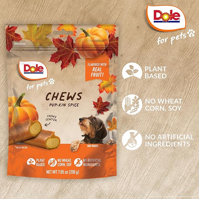 Dole for Pets Pup-kin Spice Dog Chews, Fall Pumpkin Flavored Dog Treats with Real Fruit Flavor, No Artificial Colors Flavors or Preservatives, No Wheat Corn Soy, 7.5 Oz Bag