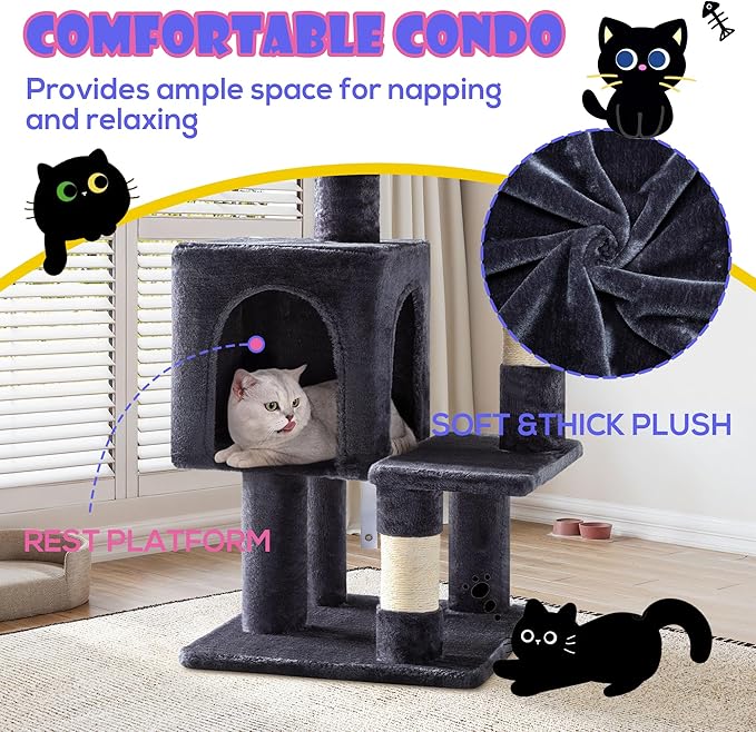 SHA CERLIN 29in Cat Tree for Indoor Cats, Multi-Level Cat Tower with Large Perch, Cozy Condo, Playful Toy Balls, Sisal Scratching Posts, Stable Pet Furniture Activity Center, Space-Saving, Dark Grey