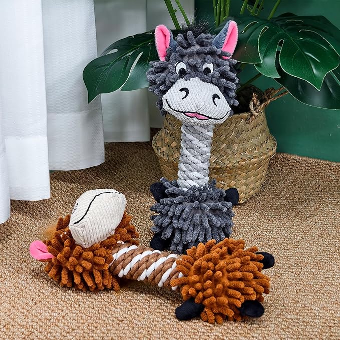 Grey Donkey Mop Plush Squeaky Dog Toy with Rope Neck Puppy Teething Chew Toy Cute Soft Funny Durable Interactive Tug of War Dog Rope Toy for Small Medium Large Dogs Toy Gift 28cm/11.02in