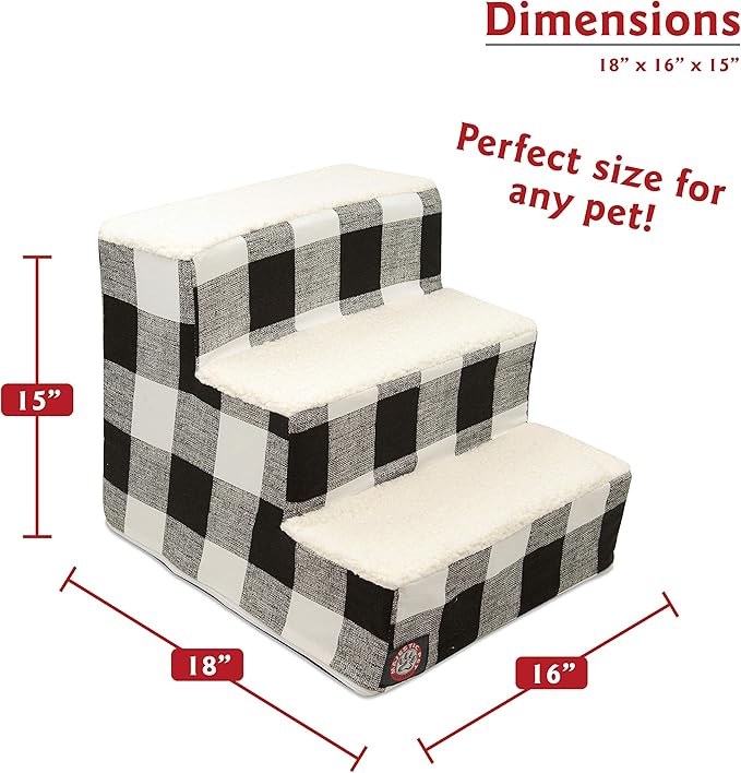 Majestic Pet 3 Step Portable Dog Stairs for Small Dogs to get on Bed Supports 25 lbs or Less – Dog Steps for High Bed with Machine Washable Cover – Pet Stairs for Cats Anderson Check Charcoal Black