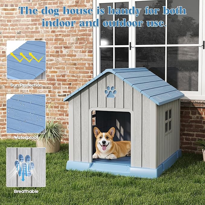 Bifanuo Dog House for Outdoor & Indoor Use with Window, Waterproof Ventilated Kennel with Elevated Floor, Easy to Clean Shelter for Small Medium Dogs (Blue, 29.9" L x 32.3" W x 32.5" H)