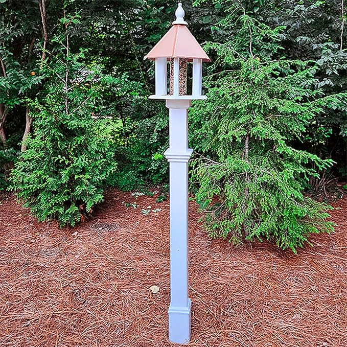 Camellia Bird Feeder with Decorative Mounting Post – Verdigris Roof, 2-Quart Capacity, White PVC Feeder & Vinyl Post with Ground Anchor for Garden, Yard & Backyard Birding