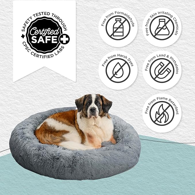 Best Friends by Sheri The Original Calming Donut Dog Bed for Extra-Large Dogs up to 150 lbs, Shag Faux Fur, Gray, 45" x 45"