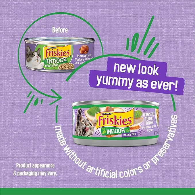 Purina Friskies Indoor Cat Food Meaty Bits Homestyle Turkey Dinner With Garden Greens in Gravy - (Pack of 24) 5.5 oz. Cans