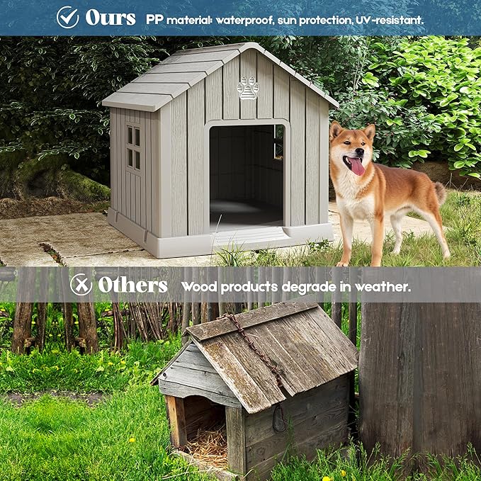 Bifanuo Dog House for Outdoor & Indoor Use with Window, Waterproof Ventilated Kennel with Elevated Floor, Easy to Clean Shelter for Small Medium Dogs (Grey, 29.9" L x 32.3" W x 32.5" H)