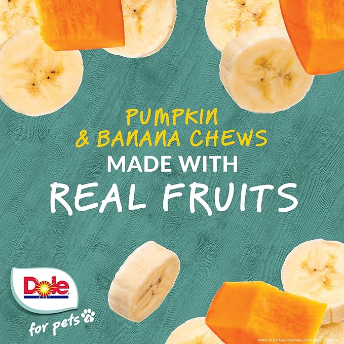 Dole for Pets Freshly Fetched Dog Chews with Banana and Pumpkin Flavor, No Wheat Corn Soy Artificial Flavors Colors or Preservatives, Chewy Center Firm Texture, 7.5 Oz