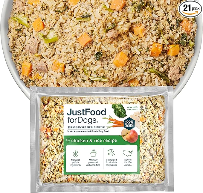 JustFoodForDogs Frozen Fresh Dog Food, Complete Meal or Dog Food Topper, Chicken & Rice Human Grade Dog Food Recipe, 18 oz (Pack of 21)