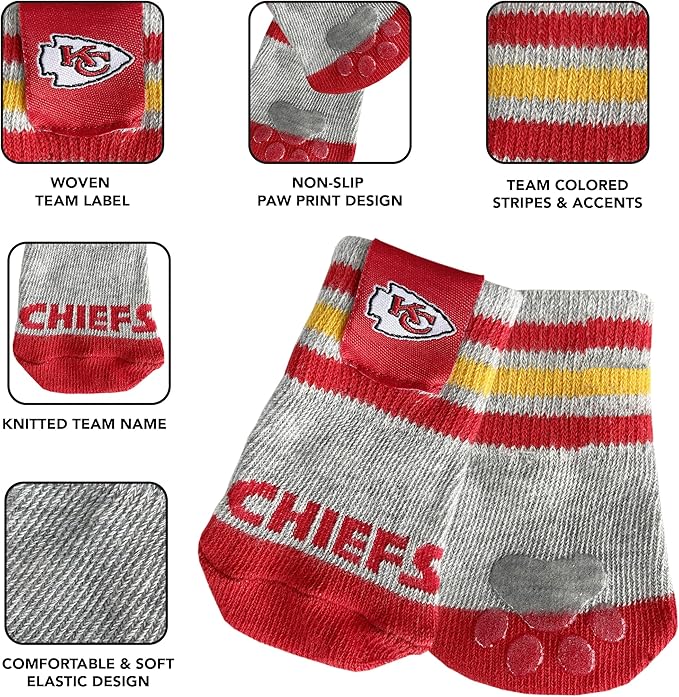 NFL Kansas City Chiefs Anti Slip Dog Socks with Elastic Ribbed Top, Size Medium/Large. Indoor/Outdoor Socks, Best Dog Paw Protector, 2 Pairs, Cool Puppy Supplies with NFL Logo of Chiefs Team