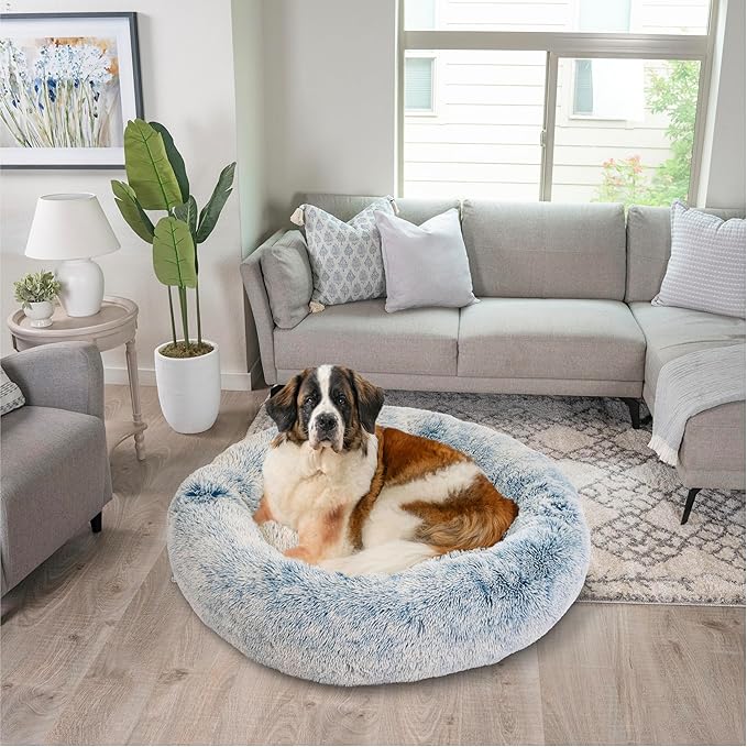 Best Friends by Sheri The Original Calming Donut Dog Bed for Extra-Large Dogs up to 150 lbs, Shag Faux Fur, Denim Blue, 45" x 45"