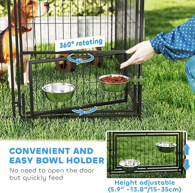 PawHut Dog Kennel Outside with 1 Room, Large Outdoor Dog Kennel Run w/Rotating & Adjustable Bowls, Waterproof & UV-Resistant Canopy, Welded Wire Pet Enclosure for Yard Garden, 11.3' x 4.7' x 5.1'