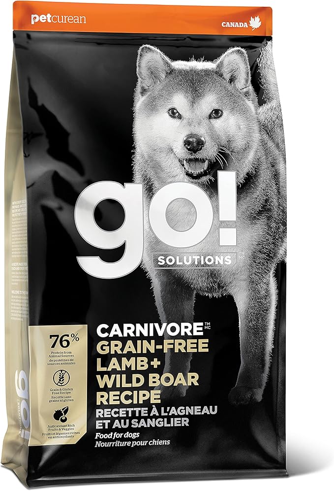 Go! Solutions Carnivore Lamb + Wild Boar Grain-Free Dry Dog Food, Our Highest-Protein Kibble Made with Real Meat, Pumpkin & Probiotics for Good Digestion, for Puppies, Adults & Seniors, 3.5 lb Bag