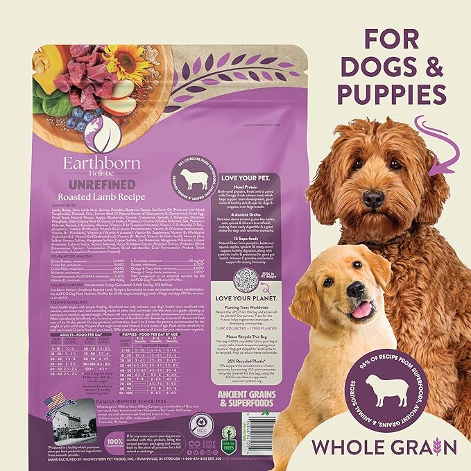 Earthborn Holistic Unrefined Roasted Lamb Dry Dog Food, Ancient Grains & Superfoods, Pea-Free Recipe, 25 lb Bag