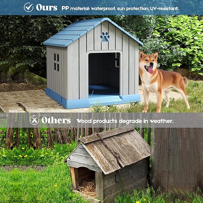 Bifanuo Dog House for Outdoor & Indoor Use with Window, Waterproof Ventilated Kennel with Elevated Floor, Easy to Clean Shelter for Small Medium Dogs (Blue, 29.9" L x 32.3" W x 32.5" H)