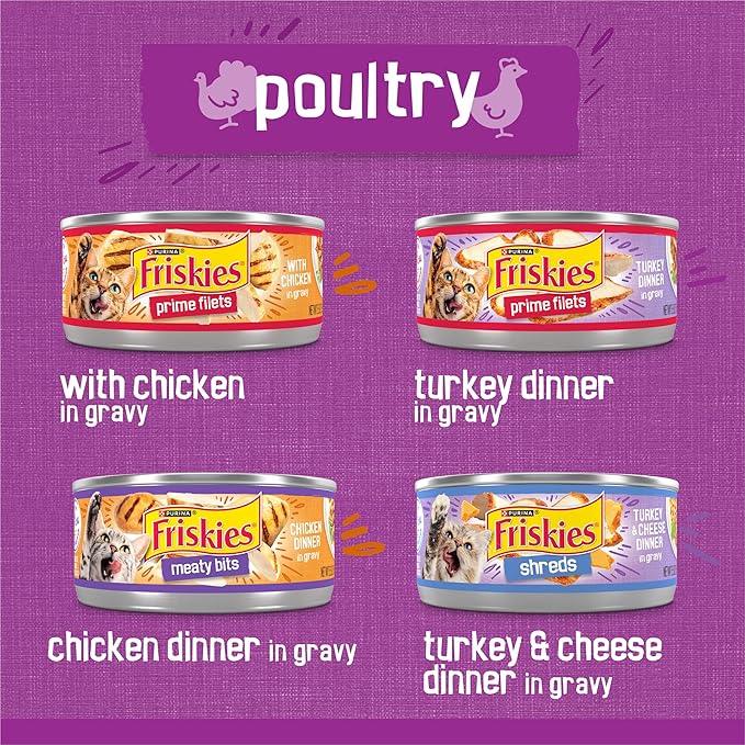 Friskies Purina Gravy Wet Cat Food Variety Pack, Poultry Shreds, Meaty Bits and Prime Filets - 5.5 oz. Cans (Pack of 64)