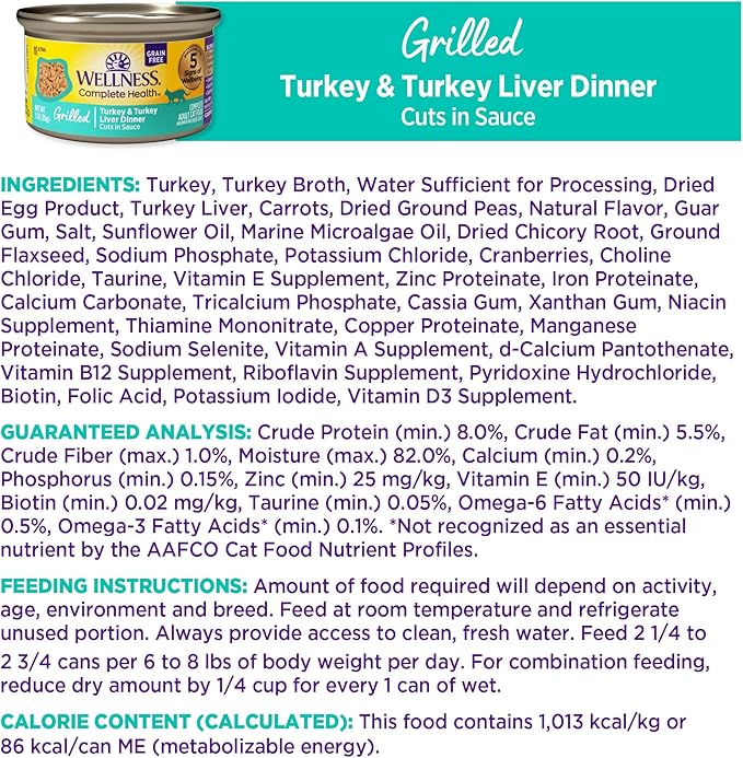 Wellness Complete Health Grilled Adult Canned Wet Cat Food, Natural, Protein Rich, Grain Free, Turkey Dinner Recipe, 3 oz, Pack of 12 Cans