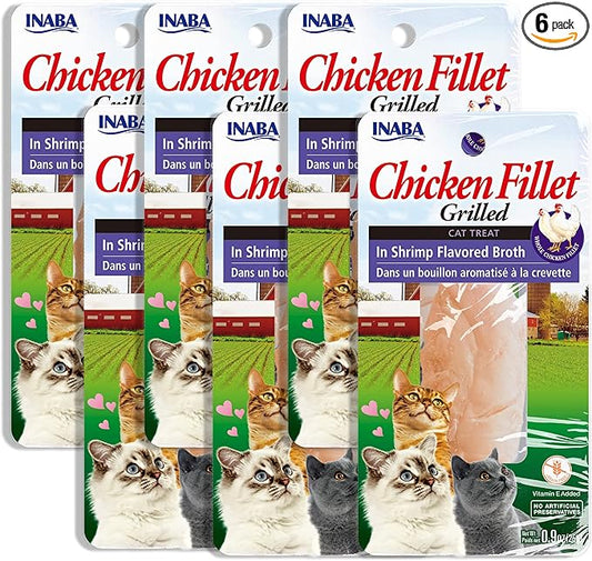 INABA Premium Hand-Cut Grilled Chicken Fillet Cat Treats/Topper with Vitamin E and Green Tea Extract, 0.9 Ounces Each, Pack of 6, Shrimp Broth