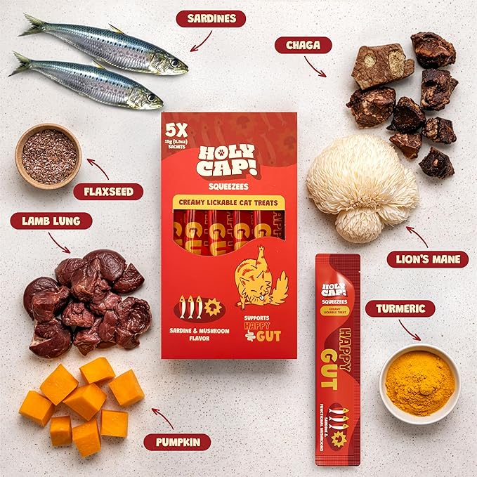 Happy Gut Grain-Free Lickable Cat Treats, 5 Squeezable Purée Tubes (0.5 oz Each), Sardine & Pumpkin Flavor, Creamy Cat Purée with Clean Ingredients, Hand-Fed Treat or Meal Topper