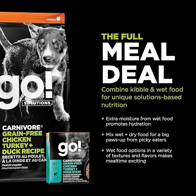 Go! Solutions Carnivore Chicken, Turkey + Duck Grain-Free Dry Puppy Food, Our Highest-Protein Kibble Made with Real Meat & Fish, Pumpkin & Probiotics for Good Digestion, 12 lb Bag